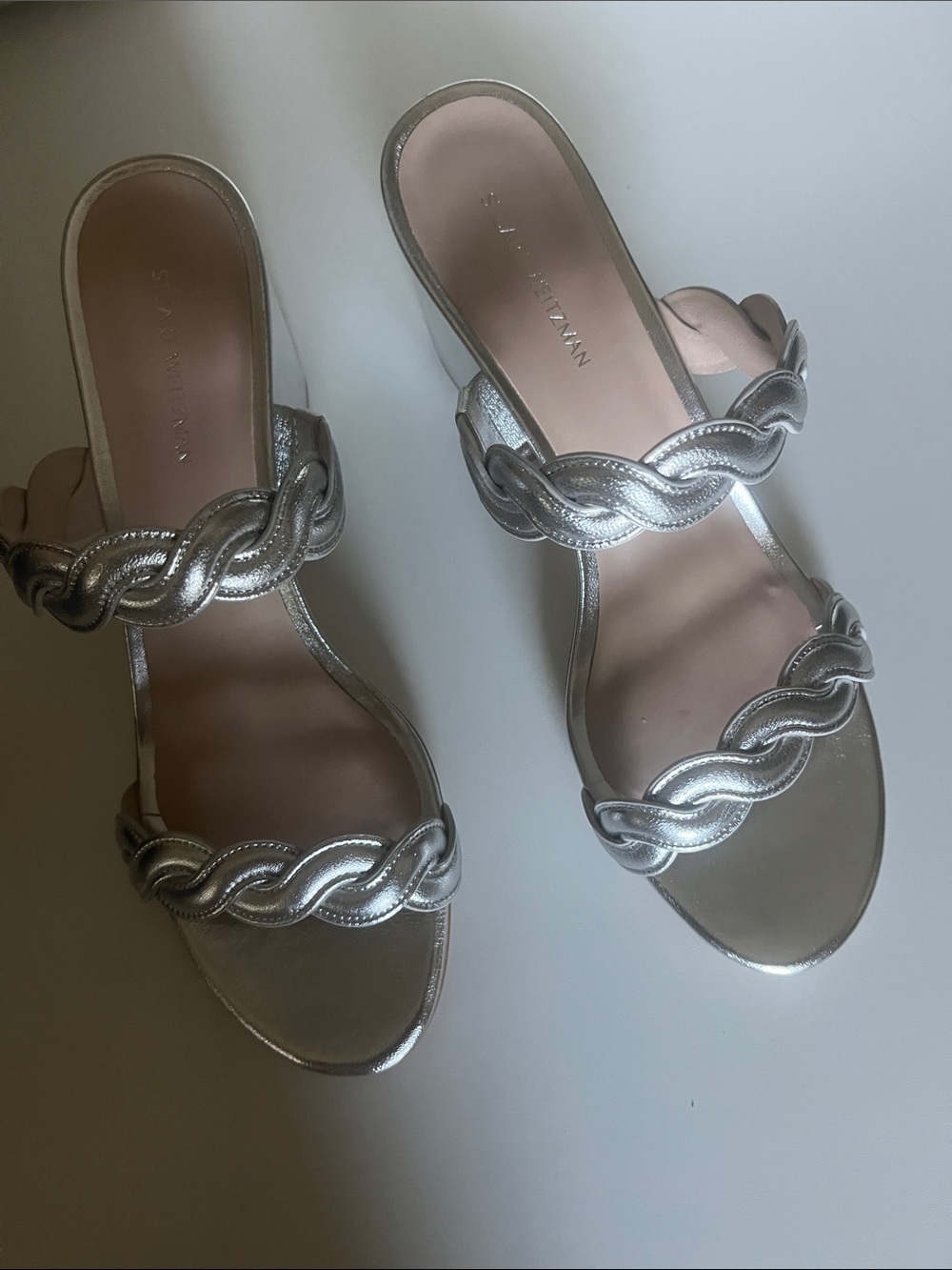 Size 7.5 Stuart Weitzman Metallic Silver Braided-Strap Slide Mules - Picture 1 of 11